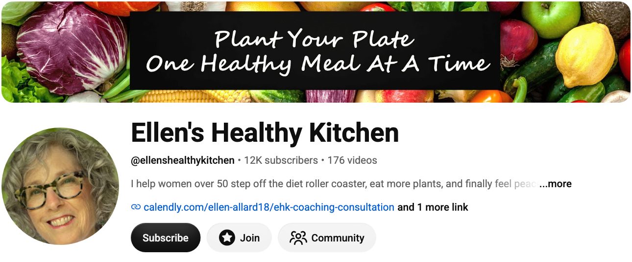 Ellen’s Healthy Kitchen YouTube channel, current subscriber count